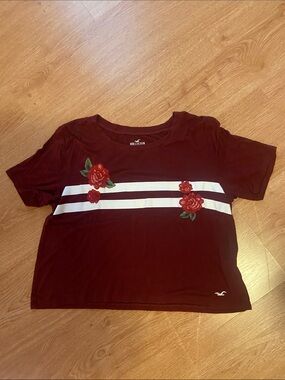 Hollister Maroon Crop Tee with White Stripes & Red Floral Embroidery